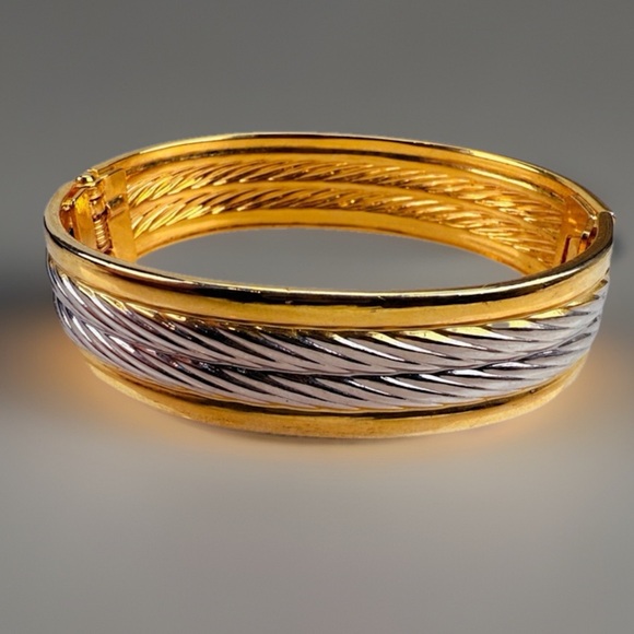 Elegant Goldtone and Silvertone Hinged Bangle Bracelet